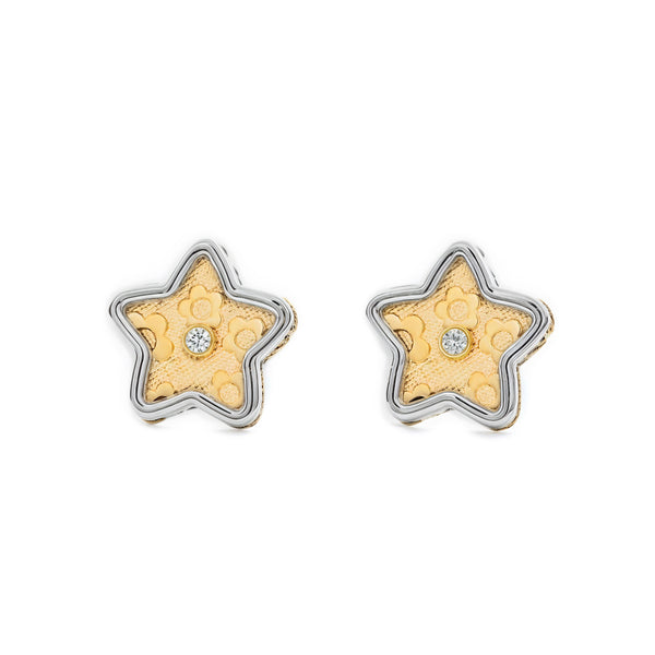9ct two color gold Star Cubic Zirconia textured Earrings