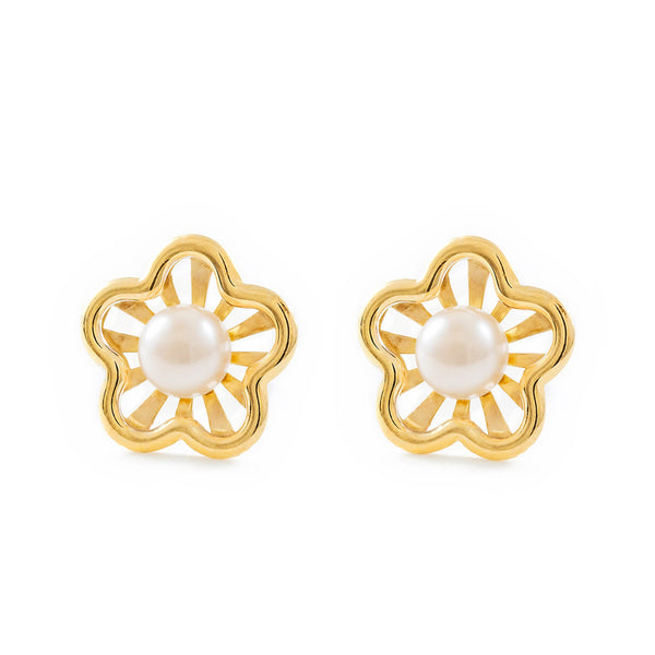 9ct Yellow Gold Daisy Flower Pearl 3.5 mm Children's Girls Earrings Matte Shine