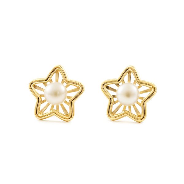 9ct Yellow Gold Star Pearl 3.5 mm Children's Girls Earrings Matte Shine