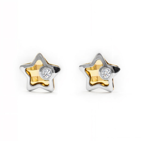 Pendientes Bebe-Niña Oro Bicolor 9K Estrella Circonita Brillo