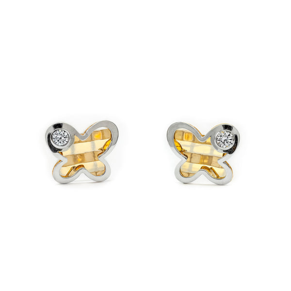 Pendientes Bebe-Niña Oro Bicolor 9K Mariposa Circonita Brillo
