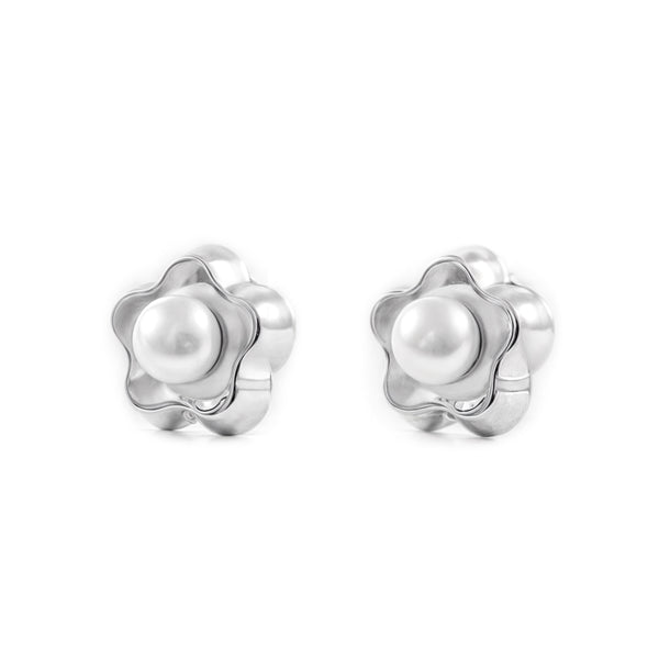 Pendientes Niña Oro Blanco 9K Perla Botón 3,5 mm Flor Margarita Brillo