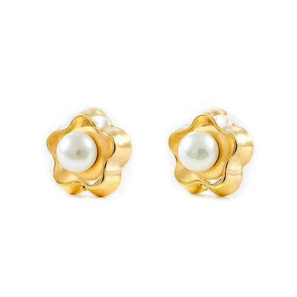 Pendientes Niña Oro Amarillo 9K Perla Botón 3,5 mm Flor Margarita Brillo