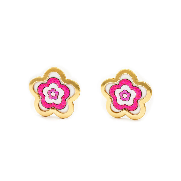 9ct Yellow Gold Pink Enamel Daisy Flower Children's Girls Earrings shine