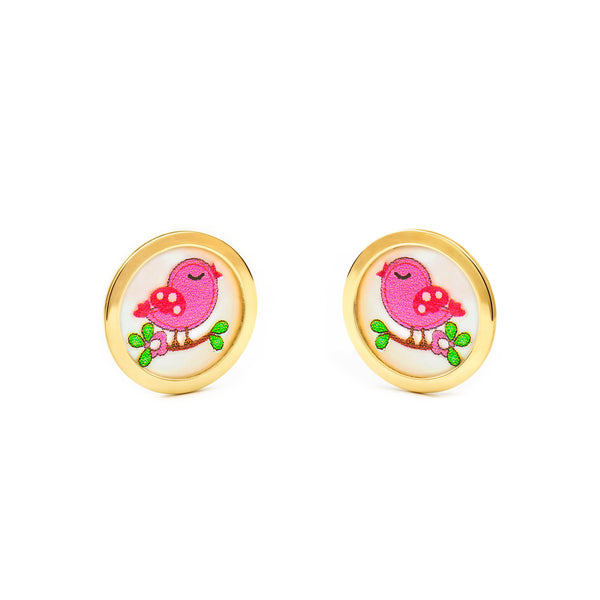 9ct Yellow Gold Multicolored enamel Bird Children's Girls Earrings shine