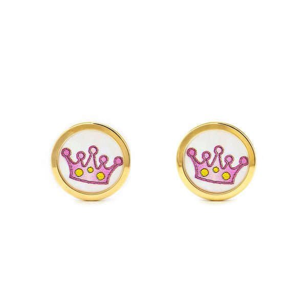 Pendientes Niña Oro Amarillo 9K Corona Esmalte Morado Brillo