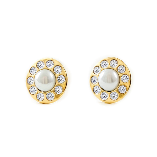 Pendientes Mujer-Niña Oro Amarillo 9K Perla Botón 3,5 mm Circonitas Brillo