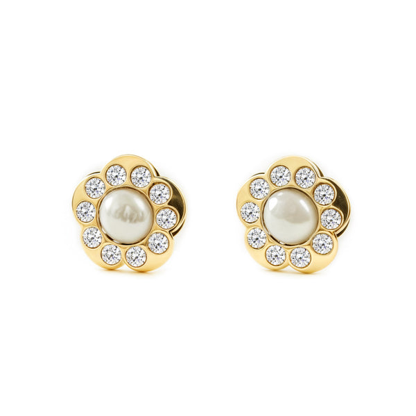 Pendientes Mujer-Niña Oro Amarillo 9K Perla Botón 3,5 mm Flor Margarita Circonitas Brillo
