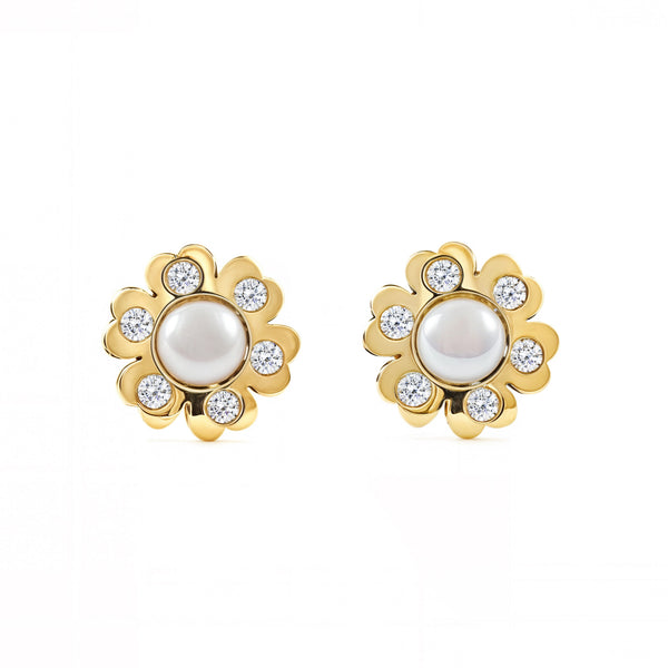 Pendientes Mujer-Niña Oro Amarillo 9K Perla Botón 3,5 mm Flor Circonitas Brillo