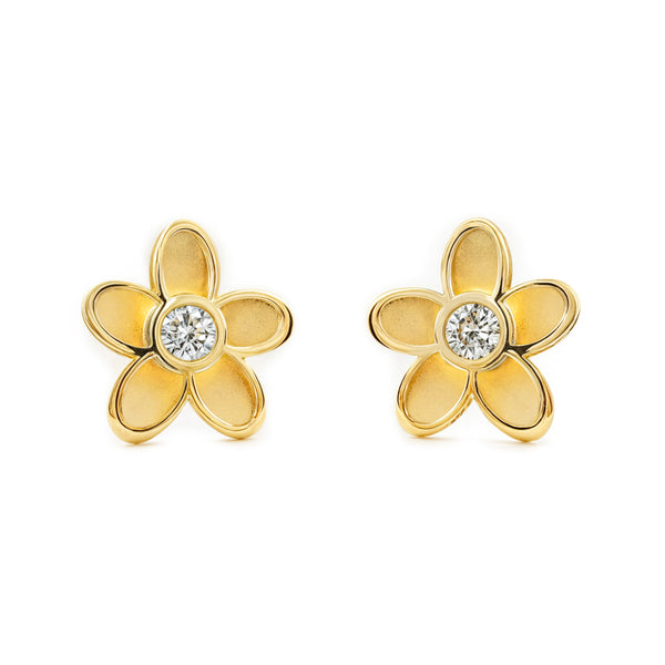 9ct Yellow Gold Daisy Flower Cubic Zirconia Earrings Matte Shine