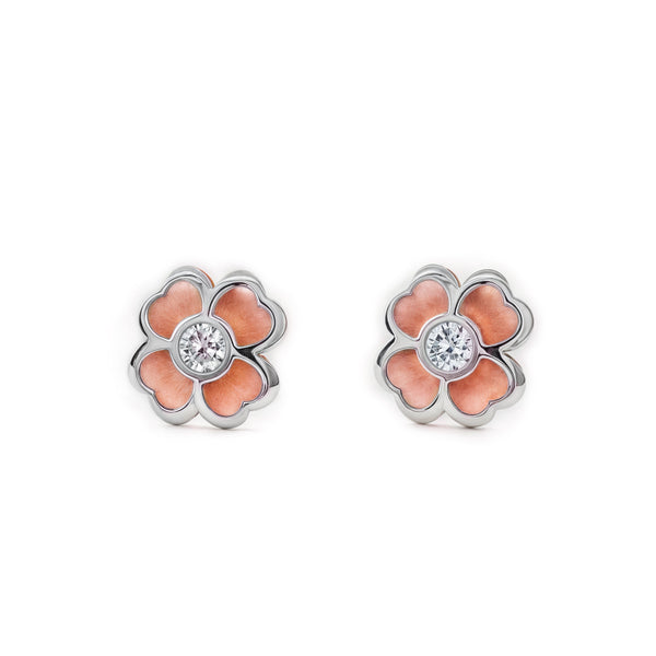 9ct two color gold Trebol Cubic Zirconia Earrings Matte Shine