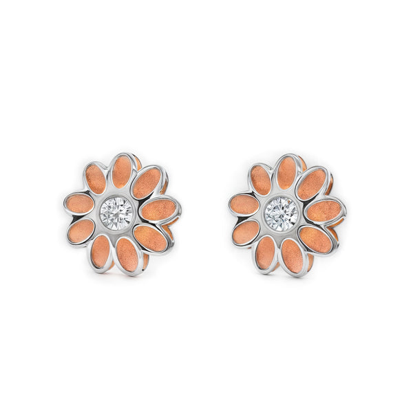 9ct two color gold Flower Cubic Zirconia Earrings Matte Shine