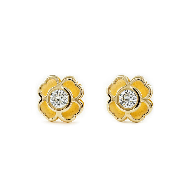 Pendientes Niña Oro Amarillo 9K Trebol Circonita Mate y Brillo
