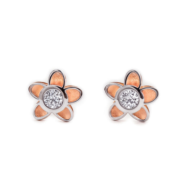Pendientes Niña Oro Bicolor 9K Flor Margarita Circonita Mate y Brillo