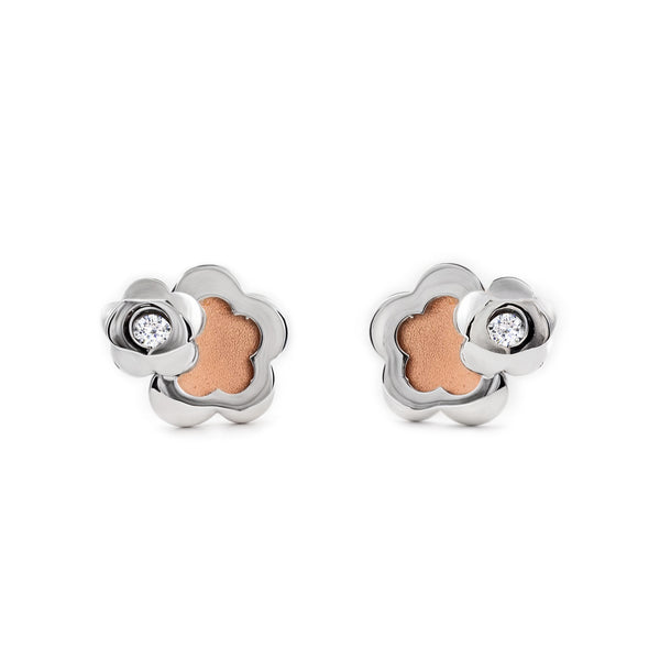 Pendientes Niña Oro Bicolor 9K Flor Circonita Mate y Brillo