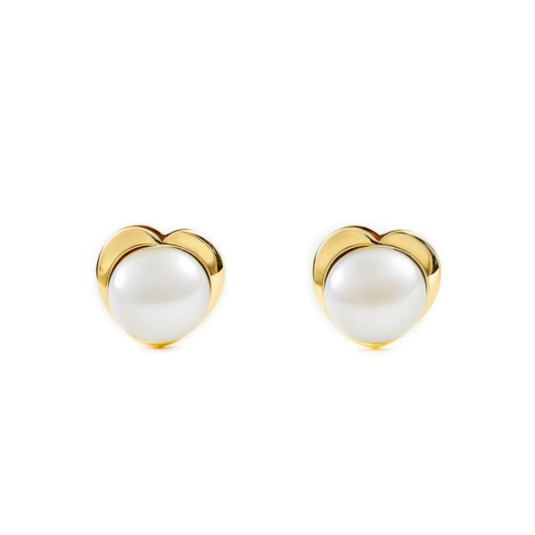 Pendientes Bebe-Niña Oro Amarillo 9K Perla Botón 4 mm Corazón Brillo