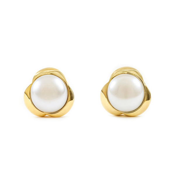 9ct Yellow Gold Trebol Pearl 4 mm Children's Baby Girls Earrings shine