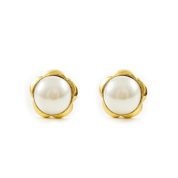 Pendientes Bebe-Niña Oro Amarillo 9K Perla Botón 4 mm Flor Margarita Brillo