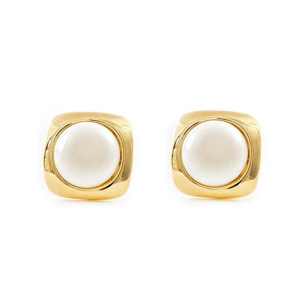 Pendientes Mujer-Niña Oro Amarillo 9K Perla Botón 6 mm Cuadrado Brillo