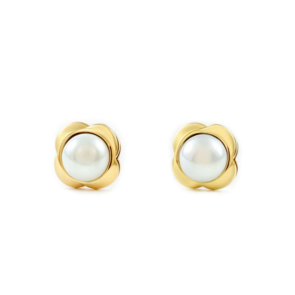 9ct Yellow Gold Trebol Pearl 3 mm Children's Baby Earrings shine