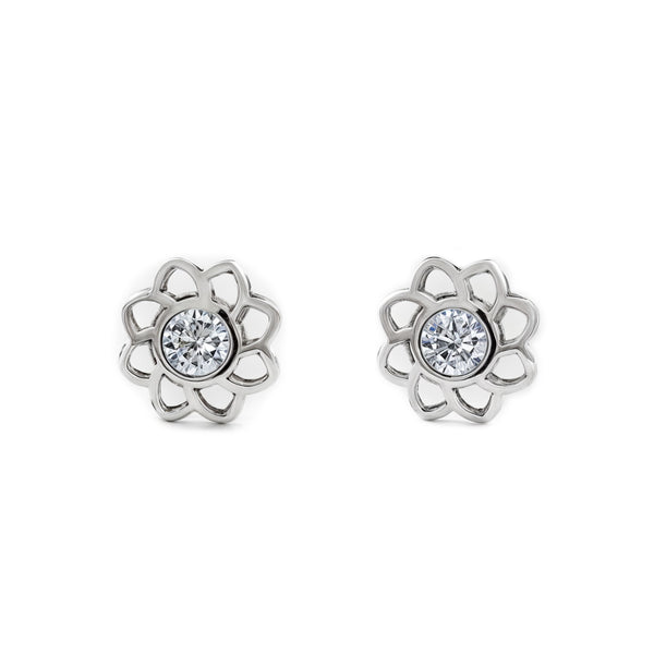Pendientes Bebe-Niña Oro Blanco 9K Flor Circonita Brillo