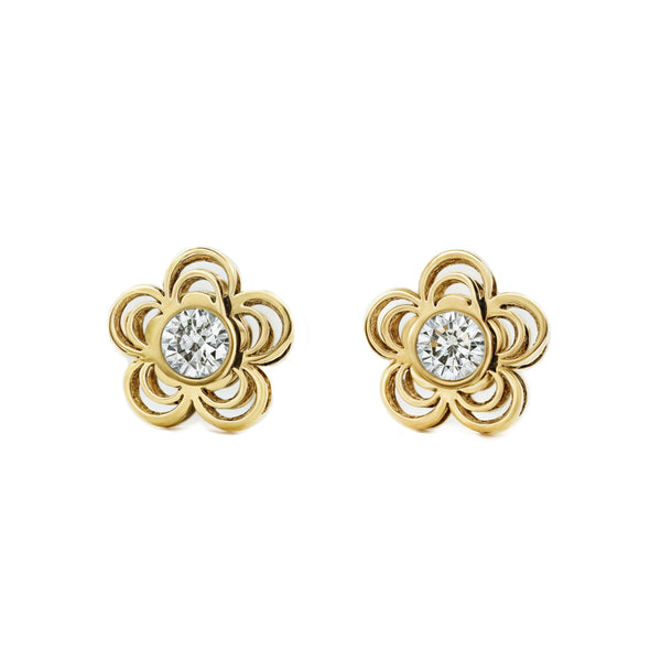 Pendientes Bebe-Niña Oro Amarillo 9K Flor Margarita Circonita Brillo