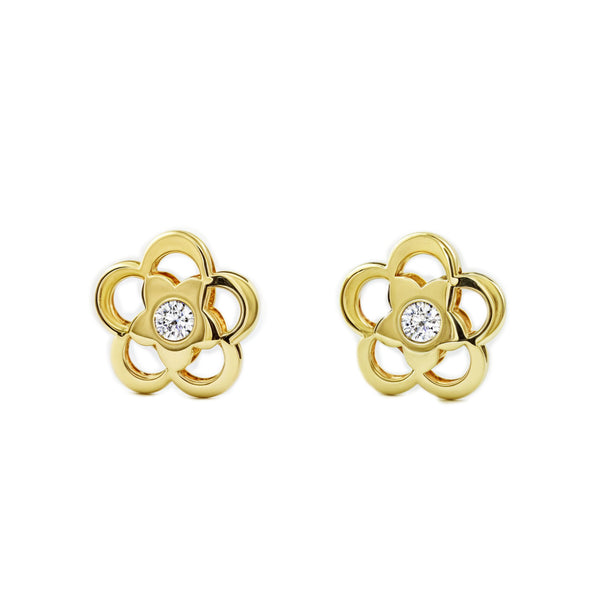 Pendientes Bebe-Niña Oro Amarillo 9K Flor Margarita Circonita Brillo