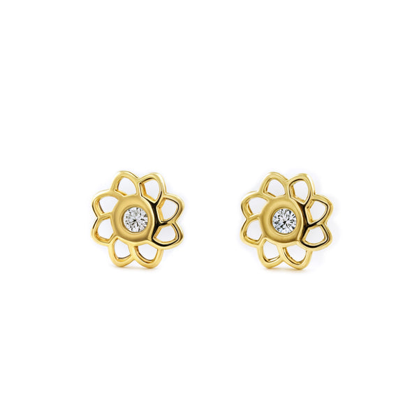 Pendientes Bebe-Niña Oro Amarillo 9K Flor Circonita Brillo