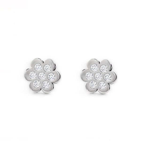 Pendientes Niña Oro Blanco 9K Flor Circonitas Brillo