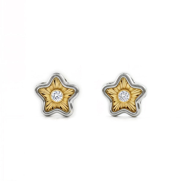 9ct two color gold Star Cubic Zirconia Children's Baby Girls textured Earrings
