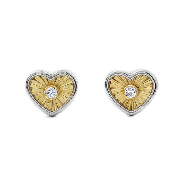 9ct two color gold Heart Cubic Zirconia Children's Baby Girls textured Earrings