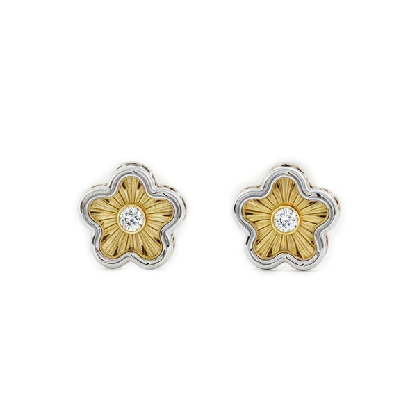 9ct two color gold Daisy Flower Cubic Zirconia Children's Baby Girls textured Earrings