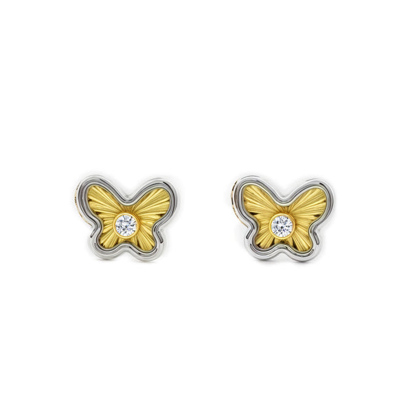 9ct two color gold Butterfly Cubic Zirconia Children's Baby Girls textured Earrings