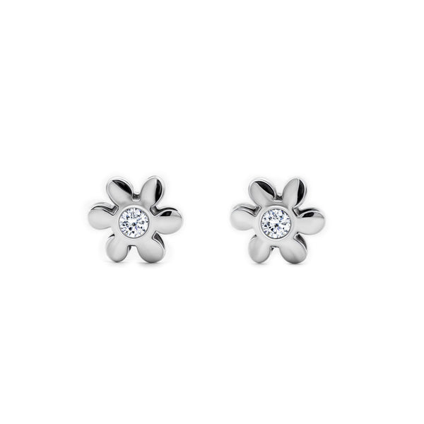 9ct White Gold Flower Cubic Zirconia Children's Baby Earrings shine