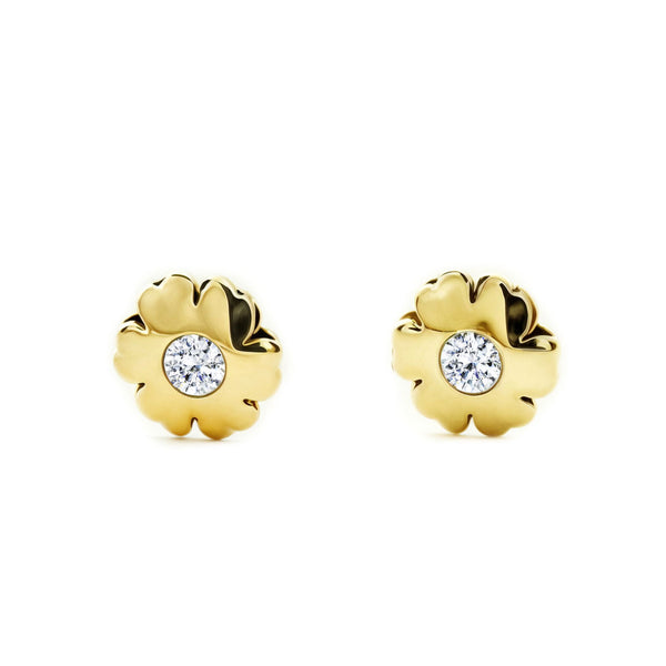 Pendientes Bebe Oro Amarillo 9K Flor Circonita Brillo