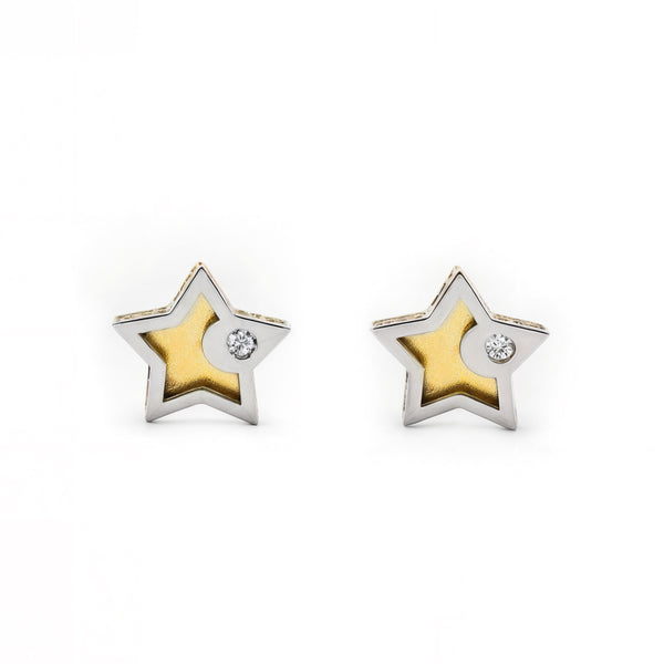 Pendientes Bebe-Niña Oro Bicolor 9K Estrella Circonita Brillo