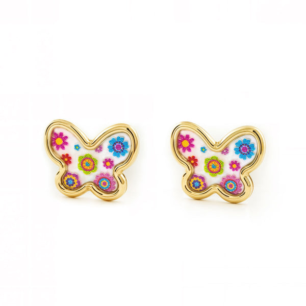 9ct Yellow Gold Nacre Butterfly Multicolored enamel Children's Baby Girls Earrings shine