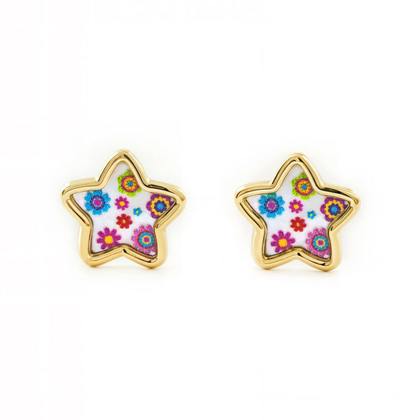 Pendientes Niña Oro Amarillo 9K Nacar Estrella Multicolor Brillo