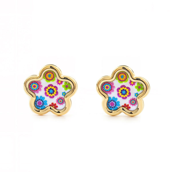 Pendientes Niña Oro Amarillo 9K Nacar Flores Multicolor Brillo