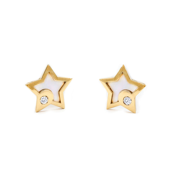 Pendientes Bebe-Niña Oro Amarillo 9K Nacar Estrella Circonita Brillo