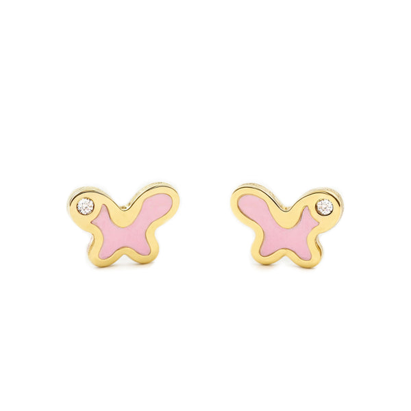 Pendientes Bebe-Niña Oro Amarillo 9K Mariposa Esmalte Rosa Circonita Brillo