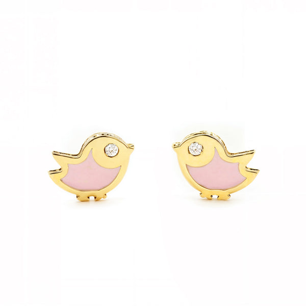Pendientes Bebe-Niña Oro Amarillo 9K Pajaro Esmalte Rosa Circonita Brillo