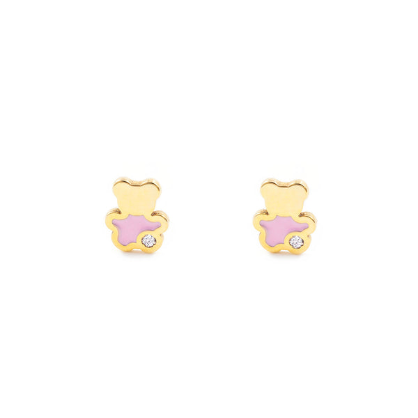 18K Yellow Gold Baby-Girl Bear Pink Enamel Cubic Zirconia Shine Earrings