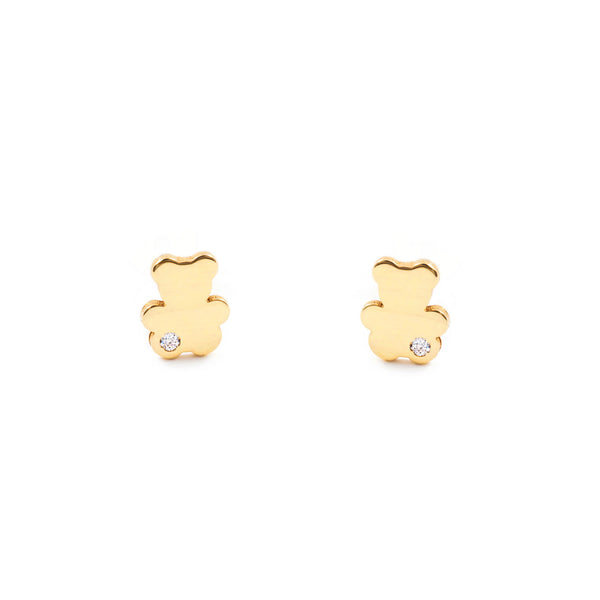 18K Yellow Gold Plain Bear Cubic Zirconia Shine Baby-Girl Earrings