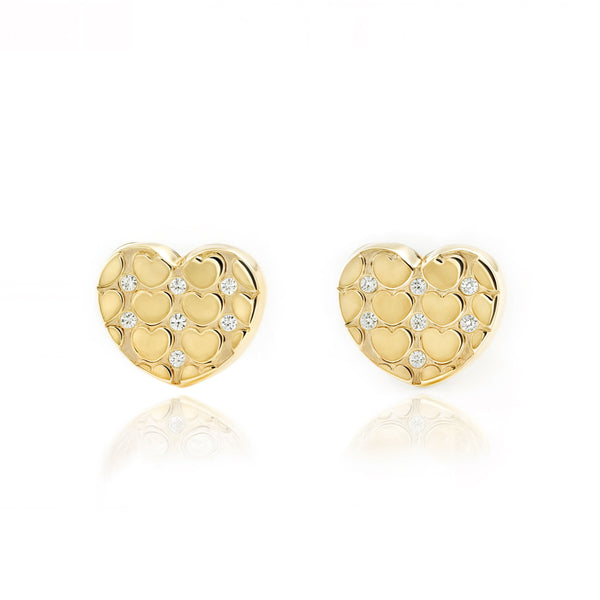 Pendientes Niña Oro Amarillo 9K Corazón Circonitas Texturado