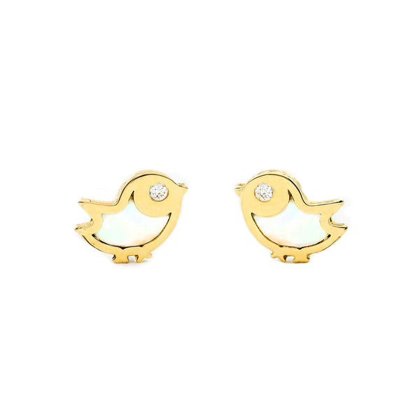 9ct Yellow Gold Nacre Bird Cubic Zirconia Children's Baby Girls Earrings shine