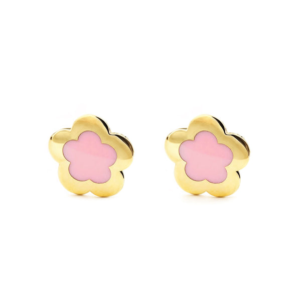 Pendientes Niña Oro Amarillo 9K Flor Margarita Esmalte Rosa Brillo