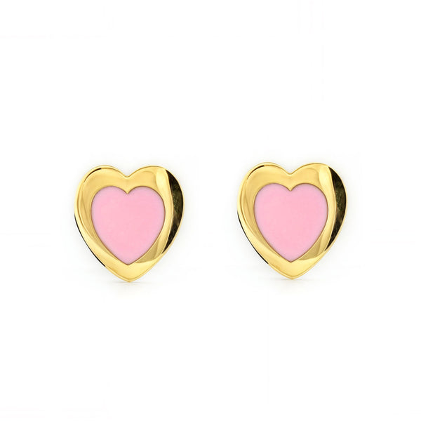 9ct Yellow Gold Pink Enamel Heart Children's Girls Earrings shine