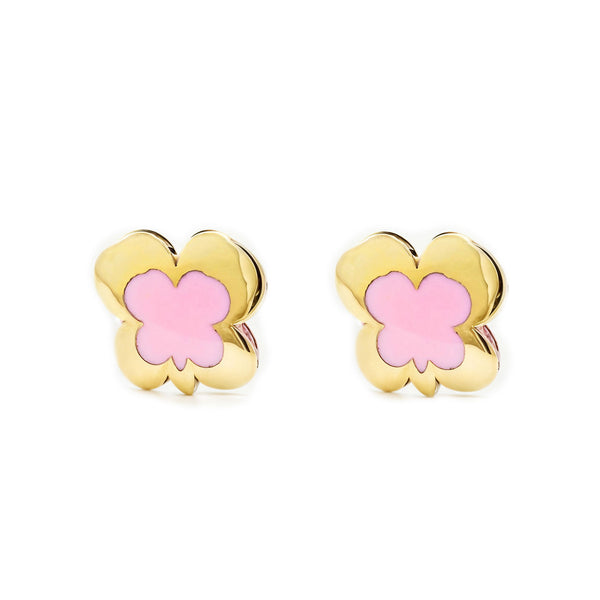 9ct Yellow Gold Pink Enamel Butterfly Children's Girls Earrings shine