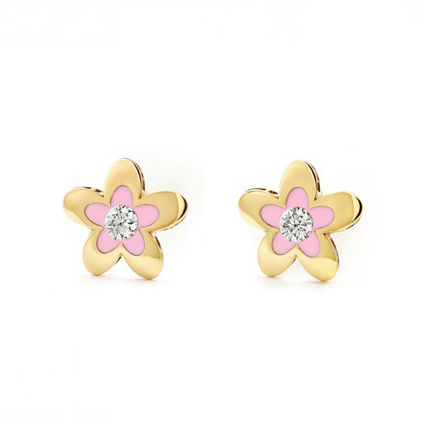 Pendientes Niña Oro Amarillo 9K Flor Esmalte Rosa Circonita Brillo